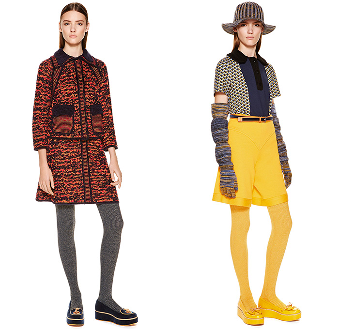 M Missoni 2015 Pre Fall Autumn Womens Lookbook Presentation - Zigzag Stripes Pantsuit Velvet Knit Leggings Fox Mittens Dress Sheer Geometric Ornamental Print Decorative Art Sweater Jumper Cubes Pants Trousers Cropped Pants Hoodie Animal Wide Leg Nautical Coatdress Outerwear Coat Gloves Ribbon Sleeveless Shirtdress Hat Duck Boots Sweaterdress Turtleneck Basketweave Sheer Chiffon Mix Match Shorts