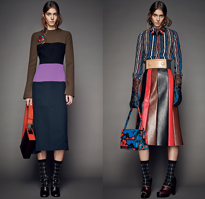 Marni Italy 2015 Pre Fall Autumn Womens Lookbook Presentation - 1960s Sixties Retro Furry Waistcoat Stripes Coat Knit Bejeweled Dress Flare Pants Trousers Vest Waistcoat Belted Waist Flowers Florals Botanical Print Graphic Pattern Gloves Windowpane Check Sweater Jumper Arm Warmers Embellishments Adornments Bejeweled Midi Skirt Flap Pockets Weave Boots Ornamental Peacoat Blazer Quilted Asymmetrical Hem