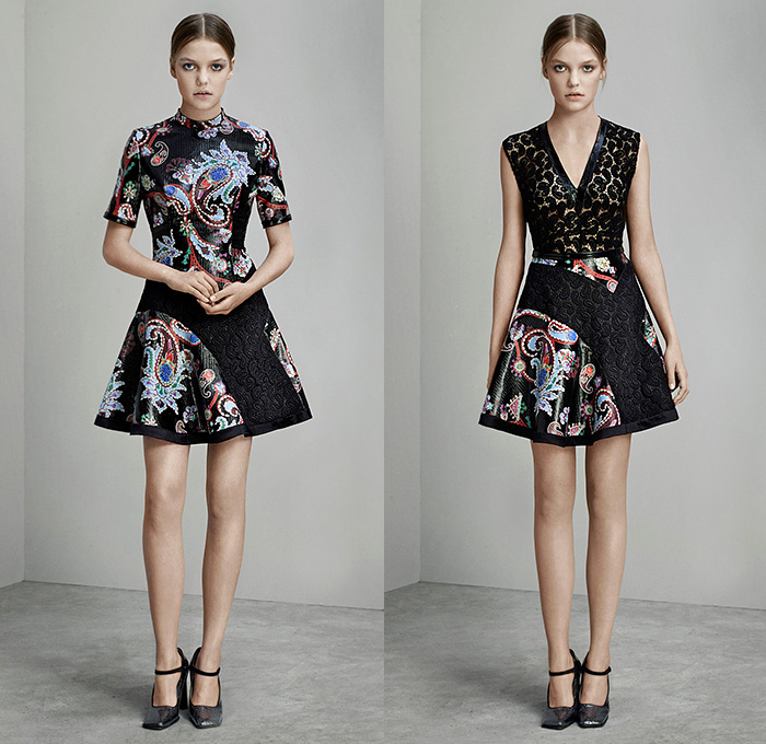 Mary Katrantzou London 2015 Pre Fall Autumn Womens Lookbook Presentation - Paisley Dress Houndstooth Windowpane Check Tartan Plaid Arygle Lace Mesh Turtleneck Multi-Panel Ornamental Decorative Art Embossed Engraved Jacquard Skirt Frock Wide Leg Palazzo Pants Trousers Sleeveless Stripes Miniskirt Blouse Sheer Chiffon Strapless Gown Motorcycle Biker Rider Jacket Outerwear Coat Coatdress 