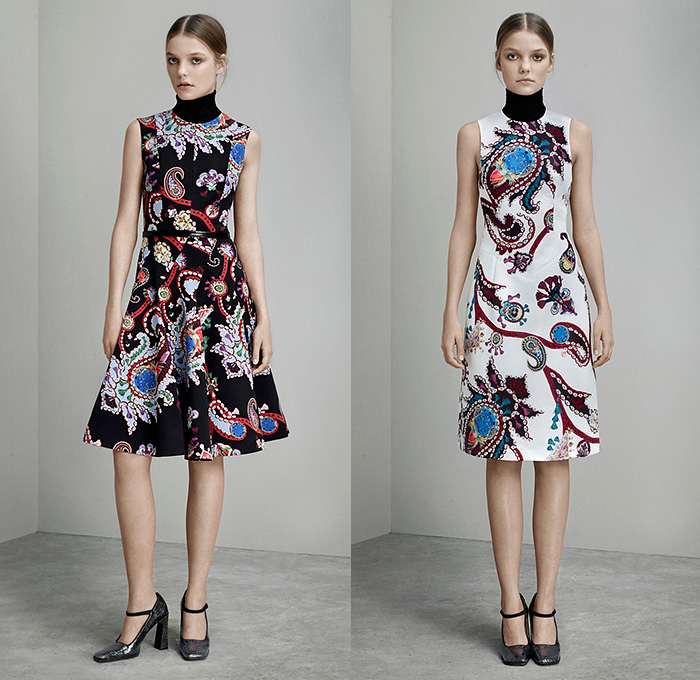 Mary Katrantzou London 2015 Pre Fall Autumn Womens Lookbook Presentation - Paisley Dress Houndstooth Windowpane Check Tartan Plaid Arygle Lace Mesh Turtleneck Multi-Panel Ornamental Decorative Art Embossed Engraved Jacquard Skirt Frock Wide Leg Palazzo Pants Trousers Sleeveless Stripes Miniskirt Blouse Sheer Chiffon Strapless Gown Motorcycle Biker Rider Jacket Outerwear Coat Coatdress 