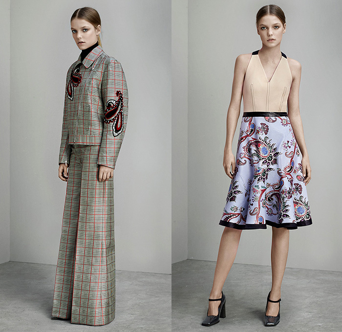 Mary Katrantzou London 2015 Pre Fall Autumn Womens Lookbook Presentation - Paisley Dress Houndstooth Windowpane Check Tartan Plaid Arygle Lace Mesh Turtleneck Multi-Panel Ornamental Decorative Art Embossed Engraved Jacquard Skirt Frock Wide Leg Palazzo Pants Trousers Sleeveless Stripes Miniskirt Blouse Sheer Chiffon Strapless Gown Motorcycle Biker Rider Jacket Outerwear Coat Coatdress 