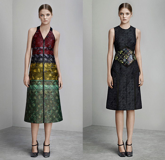 Mary Katrantzou London 2015 Pre Fall Autumn Womens Lookbook Presentation - Paisley Dress Houndstooth Windowpane Check Tartan Plaid Arygle Lace Mesh Turtleneck Multi-Panel Ornamental Decorative Art Embossed Engraved Jacquard Skirt Frock Wide Leg Palazzo Pants Trousers Sleeveless Stripes Miniskirt Blouse Sheer Chiffon Strapless Gown Motorcycle Biker Rider Jacket Outerwear Coat Coatdress 