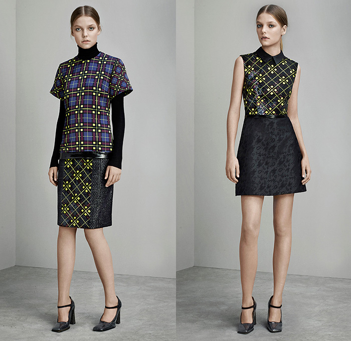 Mary Katrantzou London 2015 Pre Fall Autumn Womens Lookbook Presentation - Paisley Dress Houndstooth Windowpane Check Tartan Plaid Arygle Lace Mesh Turtleneck Multi-Panel Ornamental Decorative Art Embossed Engraved Jacquard Skirt Frock Wide Leg Palazzo Pants Trousers Sleeveless Stripes Miniskirt Blouse Sheer Chiffon Strapless Gown Motorcycle Biker Rider Jacket Outerwear Coat Coatdress 