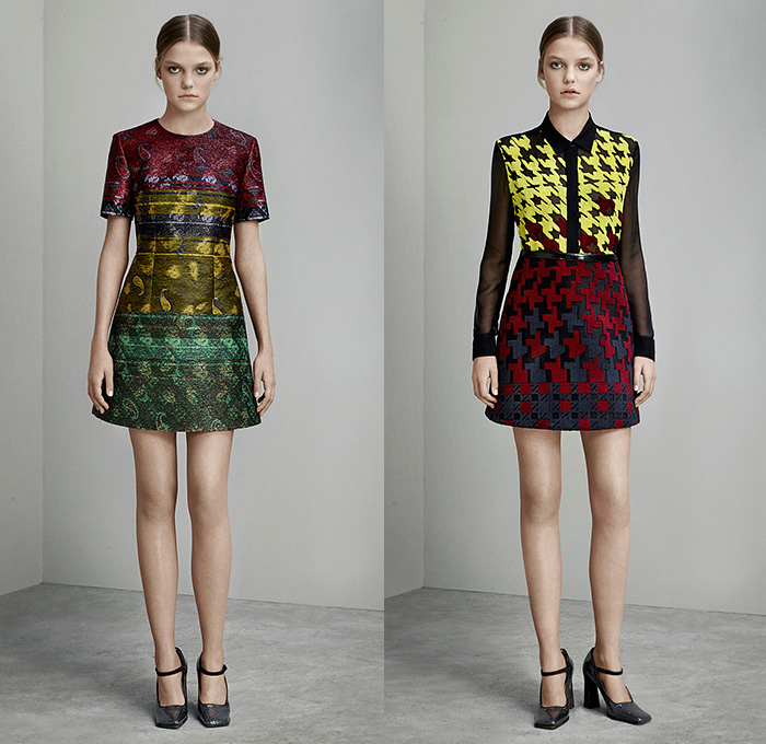 Mary Katrantzou London 2015 Pre Fall Autumn Womens Lookbook Presentation - Paisley Dress Houndstooth Windowpane Check Tartan Plaid Arygle Lace Mesh Turtleneck Multi-Panel Ornamental Decorative Art Embossed Engraved Jacquard Skirt Frock Wide Leg Palazzo Pants Trousers Sleeveless Stripes Miniskirt Blouse Sheer Chiffon Strapless Gown Motorcycle Biker Rider Jacket Outerwear Coat Coatdress 