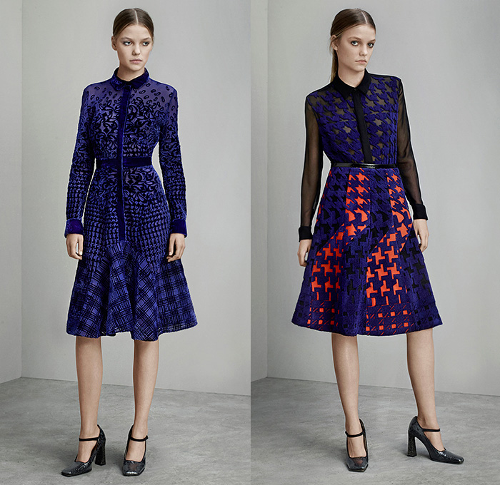 Mary Katrantzou London 2015 Pre Fall Autumn Womens Lookbook Presentation - Paisley Dress Houndstooth Windowpane Check Tartan Plaid Arygle Lace Mesh Turtleneck Multi-Panel Ornamental Decorative Art Embossed Engraved Jacquard Skirt Frock Wide Leg Palazzo Pants Trousers Sleeveless Stripes Miniskirt Blouse Sheer Chiffon Strapless Gown Motorcycle Biker Rider Jacket Outerwear Coat Coatdress 