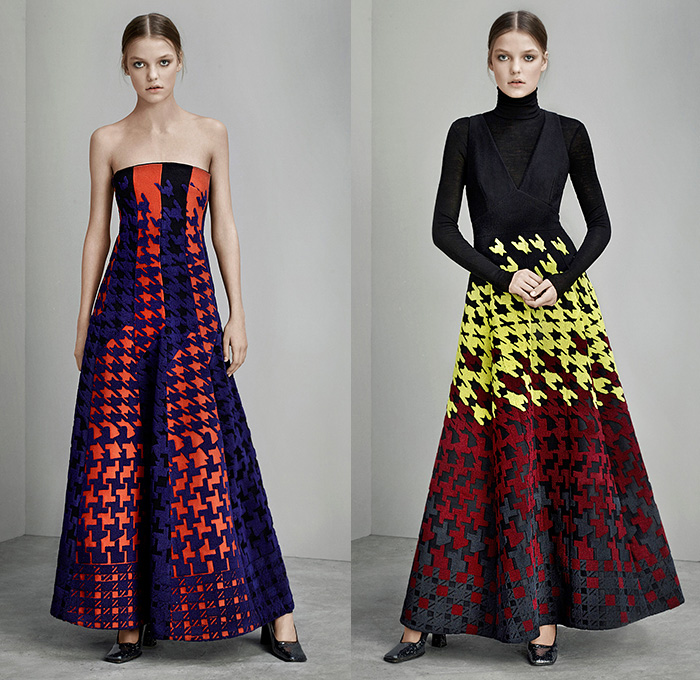 Mary Katrantzou London 2015 Pre Fall Autumn Womens Lookbook Presentation - Paisley Dress Houndstooth Windowpane Check Tartan Plaid Arygle Lace Mesh Turtleneck Multi-Panel Ornamental Decorative Art Embossed Engraved Jacquard Skirt Frock Wide Leg Palazzo Pants Trousers Sleeveless Stripes Miniskirt Blouse Sheer Chiffon Strapless Gown Motorcycle Biker Rider Jacket Outerwear Coat Coatdress 