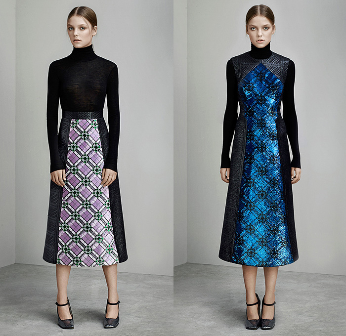 Mary Katrantzou London 2015 Pre Fall Autumn Womens Lookbook Presentation - Paisley Dress Houndstooth Windowpane Check Tartan Plaid Arygle Lace Mesh Turtleneck Multi-Panel Ornamental Decorative Art Embossed Engraved Jacquard Skirt Frock Wide Leg Palazzo Pants Trousers Sleeveless Stripes Miniskirt Blouse Sheer Chiffon Strapless Gown Motorcycle Biker Rider Jacket Outerwear Coat Coatdress 