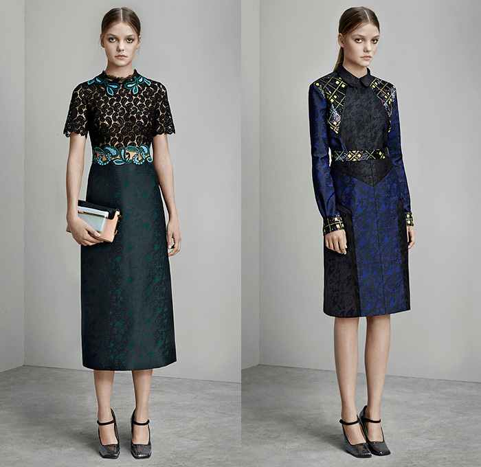 Mary Katrantzou London 2015 Pre Fall Autumn Womens Lookbook Presentation - Paisley Dress Houndstooth Windowpane Check Tartan Plaid Arygle Lace Mesh Turtleneck Multi-Panel Ornamental Decorative Art Embossed Engraved Jacquard Skirt Frock Wide Leg Palazzo Pants Trousers Sleeveless Stripes Miniskirt Blouse Sheer Chiffon Strapless Gown Motorcycle Biker Rider Jacket Outerwear Coat Coatdress 