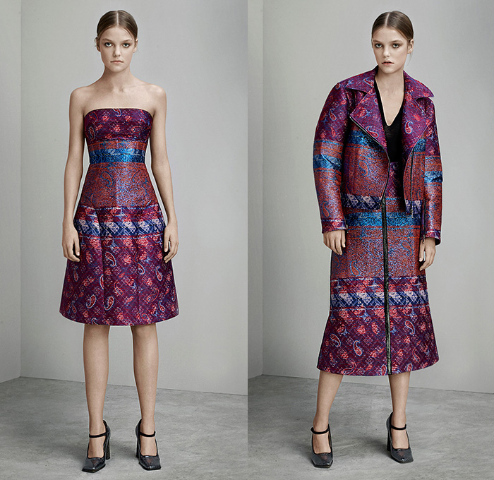 Mary Katrantzou London 2015 Pre Fall Autumn Womens Lookbook Presentation - Paisley Dress Houndstooth Windowpane Check Tartan Plaid Arygle Lace Mesh Turtleneck Multi-Panel Ornamental Decorative Art Embossed Engraved Jacquard Skirt Frock Wide Leg Palazzo Pants Trousers Sleeveless Stripes Miniskirt Blouse Sheer Chiffon Strapless Gown Motorcycle Biker Rider Jacket Outerwear Coat Coatdress 