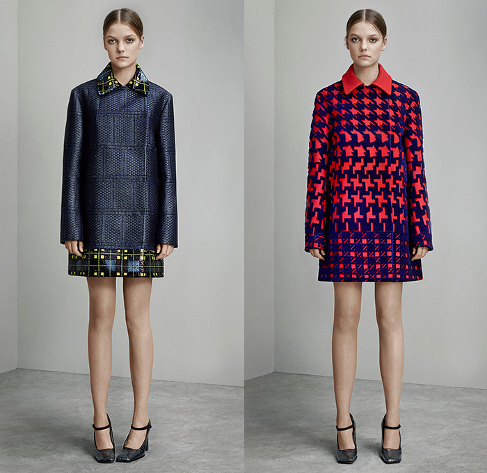 Mary Katrantzou London 2015 Pre Fall Autumn Womens Lookbook Presentation - Paisley Dress Houndstooth Windowpane Check Tartan Plaid Arygle Lace Mesh Turtleneck Multi-Panel Ornamental Decorative Art Embossed Engraved Jacquard Skirt Frock Wide Leg Palazzo Pants Trousers Sleeveless Stripes Miniskirt Blouse Sheer Chiffon Strapless Gown Motorcycle Biker Rider Jacket Outerwear Coat Coatdress 