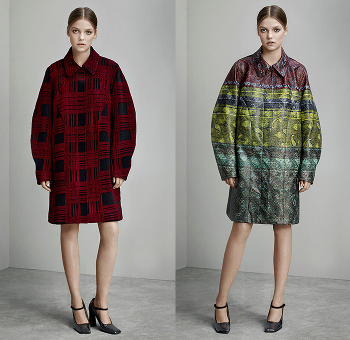 Mary Katrantzou London 2015 Pre Fall Autumn Womens Lookbook Presentation - Paisley Dress Houndstooth Windowpane Check Tartan Plaid Arygle Lace Mesh Turtleneck Multi-Panel Ornamental Decorative Art Embossed Engraved Jacquard Skirt Frock Wide Leg Palazzo Pants Trousers Sleeveless Stripes Miniskirt Blouse Sheer Chiffon Strapless Gown Motorcycle Biker Rider Jacket Outerwear Coat Coatdress 