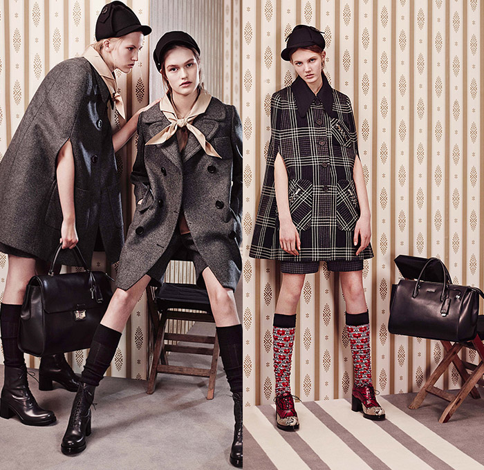 Miu Miu 2015 Pre Fall Autumn Womens Lookbook Presentation - Sherlock Holmes Hat Coat Hanging Sleeve Capelet Plaid Windowpane Check Knit Shorts Blouse Shirtdress Scarf Socks Boots Bag Handbag Briefcase Leather Trench Coat Reptile Snake Python Peacoat Ornamental Print Decorative Art 1960s Sixties Turtleneck Dress Accordion Pleats Vest Waistcoat Cardigan