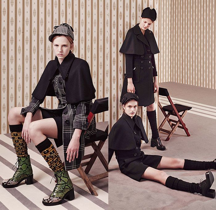 Miu Miu 2015 Pre Fall Autumn Womens Lookbook Presentation - Sherlock Holmes Hat Coat Hanging Sleeve Capelet Plaid Windowpane Check Knit Shorts Blouse Shirtdress Scarf Socks Boots Bag Handbag Briefcase Leather Trench Coat Reptile Snake Python Peacoat Ornamental Print Decorative Art 1960s Sixties Turtleneck Dress Accordion Pleats Vest Waistcoat Cardigan