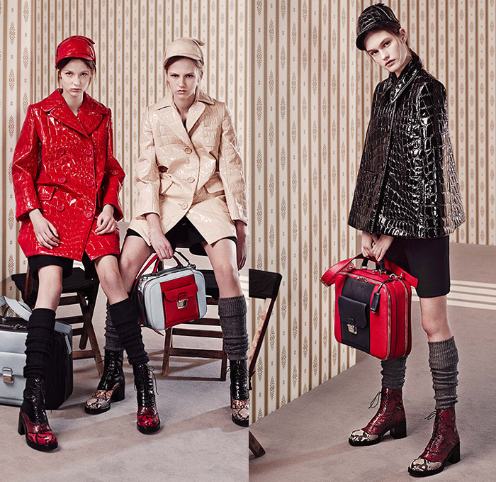 Miu Miu 2015 Pre Fall Autumn Womens Lookbook Presentation - Sherlock Holmes Hat Coat Hanging Sleeve Capelet Plaid Windowpane Check Knit Shorts Blouse Shirtdress Scarf Socks Boots Bag Handbag Briefcase Leather Trench Coat Reptile Snake Python Peacoat Ornamental Print Decorative Art 1960s Sixties Turtleneck Dress Accordion Pleats Vest Waistcoat Cardigan