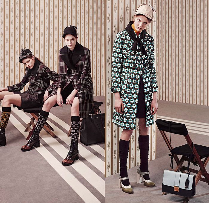 Miu Miu 2015 Pre Fall Autumn Womens Lookbook Presentation - Sherlock Holmes Hat Coat Hanging Sleeve Capelet Plaid Windowpane Check Knit Shorts Blouse Shirtdress Scarf Socks Boots Bag Handbag Briefcase Leather Trench Coat Reptile Snake Python Peacoat Ornamental Print Decorative Art 1960s Sixties Turtleneck Dress Accordion Pleats Vest Waistcoat Cardigan