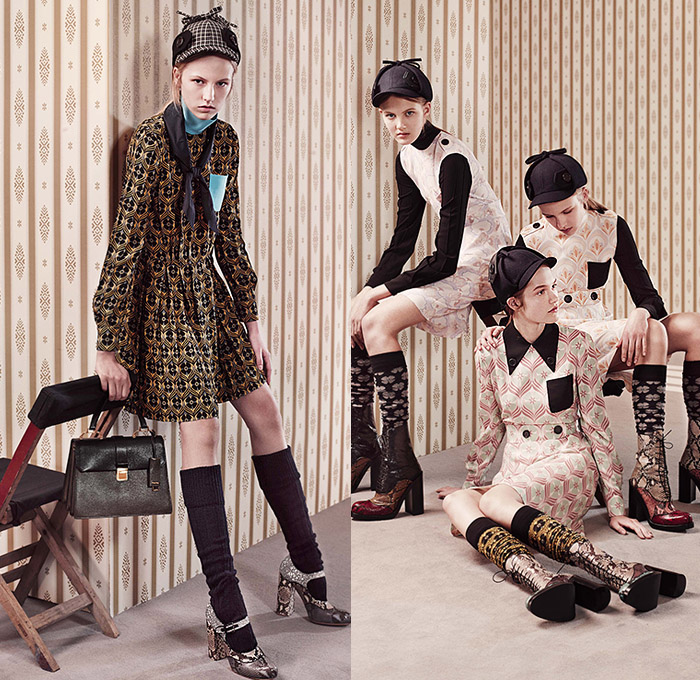 Miu Miu 2015 Pre Fall Autumn Womens Lookbook Presentation - Sherlock Holmes Hat Coat Hanging Sleeve Capelet Plaid Windowpane Check Knit Shorts Blouse Shirtdress Scarf Socks Boots Bag Handbag Briefcase Leather Trench Coat Reptile Snake Python Peacoat Ornamental Print Decorative Art 1960s Sixties Turtleneck Dress Accordion Pleats Vest Waistcoat Cardigan