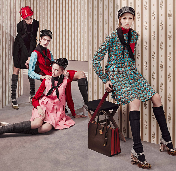 Miu Miu 2015 Pre Fall Autumn Womens Lookbook Presentation - Sherlock Holmes Hat Coat Hanging Sleeve Capelet Plaid Windowpane Check Knit Shorts Blouse Shirtdress Scarf Socks Boots Bag Handbag Briefcase Leather Trench Coat Reptile Snake Python Peacoat Ornamental Print Decorative Art 1960s Sixties Turtleneck Dress Accordion Pleats Vest Waistcoat Cardigan