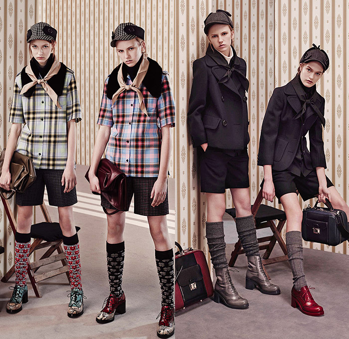 Miu Miu 2015 Pre Fall Autumn Womens Lookbook Presentation - Sherlock Holmes Hat Coat Hanging Sleeve Capelet Plaid Windowpane Check Knit Shorts Blouse Shirtdress Scarf Socks Boots Bag Handbag Briefcase Leather Trench Coat Reptile Snake Python Peacoat Ornamental Print Decorative Art 1960s Sixties Turtleneck Dress Accordion Pleats Vest Waistcoat Cardigan