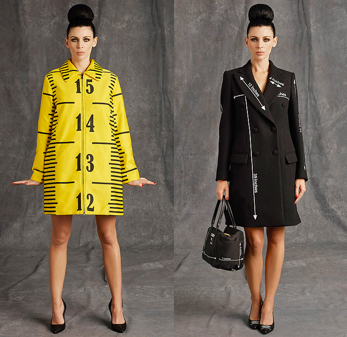 Moschino 2015 Pre Fall Autumn Womens Lookbook Presentation - Pop Art Dry Cleaning Washing Instructions Laundry Icons Tape Measure Coatdress Quilted Leather Bomber Sequins Furry Bag Receipt Hangers Outerwear Coat Measurements Ruler Numbers Sizes Bomberdress Dress Skirt Ribbon Shirtdress Blazer Stitches 3D Embellishments Tiny Hangers Scissor Dress Wrap Halter Top Silk Typography Chain Capelet Terry Cloth Luggage