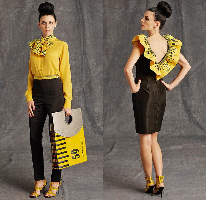 Moschino 2015 Pre Fall Autumn Womens Lookbook Presentation - Pop Art Dry Cleaning Washing Instructions Laundry Icons Tape Measure Coatdress Quilted Leather Bomber Sequins Furry Bag Receipt Hangers Outerwear Coat Measurements Ruler Numbers Sizes Bomberdress Dress Skirt Ribbon Shirtdress Blazer Stitches 3D Embellishments Tiny Hangers Scissor Dress Wrap Halter Top Silk Typography Chain Capelet Terry Cloth Luggage