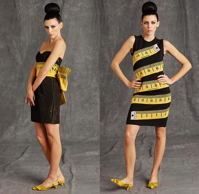 Moschino 2015 Pre Fall Autumn Womens Lookbook Presentation - Pop Art Dry Cleaning Washing Instructions Laundry Icons Tape Measure Coatdress Quilted Leather Bomber Sequins Furry Bag Receipt Hangers Outerwear Coat Measurements Ruler Numbers Sizes Bomberdress Dress Skirt Ribbon Shirtdress Blazer Stitches 3D Embellishments Tiny Hangers Scissor Dress Wrap Halter Top Silk Typography Chain Capelet Terry Cloth Luggage