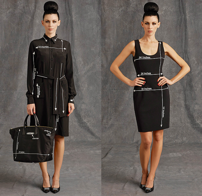 Moschino 2015 Pre Fall Autumn Womens Lookbook Presentation - Pop Art Dry Cleaning Washing Instructions Laundry Icons Tape Measure Coatdress Quilted Leather Bomber Sequins Furry Bag Receipt Hangers Outerwear Coat Measurements Ruler Numbers Sizes Bomberdress Dress Skirt Ribbon Shirtdress Blazer Stitches 3D Embellishments Tiny Hangers Scissor Dress Wrap Halter Top Silk Typography Chain Capelet Terry Cloth Luggage