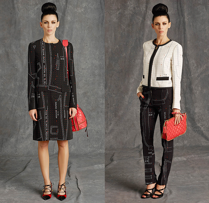 Moschino 2015 Pre Fall Autumn Womens Lookbook Presentation - Pop Art Dry Cleaning Washing Instructions Laundry Icons Tape Measure Coatdress Quilted Leather Bomber Sequins Furry Bag Receipt Hangers Outerwear Coat Measurements Ruler Numbers Sizes Bomberdress Dress Skirt Ribbon Shirtdress Blazer Stitches 3D Embellishments Tiny Hangers Scissor Dress Wrap Halter Top Silk Typography Chain Capelet Terry Cloth Luggage