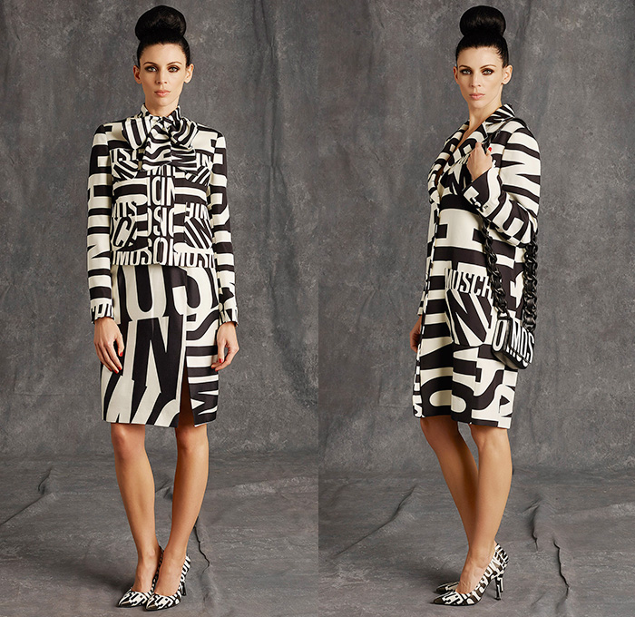 Moschino 2015 Pre Fall Autumn Womens Lookbook Presentation - Pop Art Dry Cleaning Washing Instructions Laundry Icons Tape Measure Coatdress Quilted Leather Bomber Sequins Furry Bag Receipt Hangers Outerwear Coat Measurements Ruler Numbers Sizes Bomberdress Dress Skirt Ribbon Shirtdress Blazer Stitches 3D Embellishments Tiny Hangers Scissor Dress Wrap Halter Top Silk Typography Chain Capelet Terry Cloth Luggage