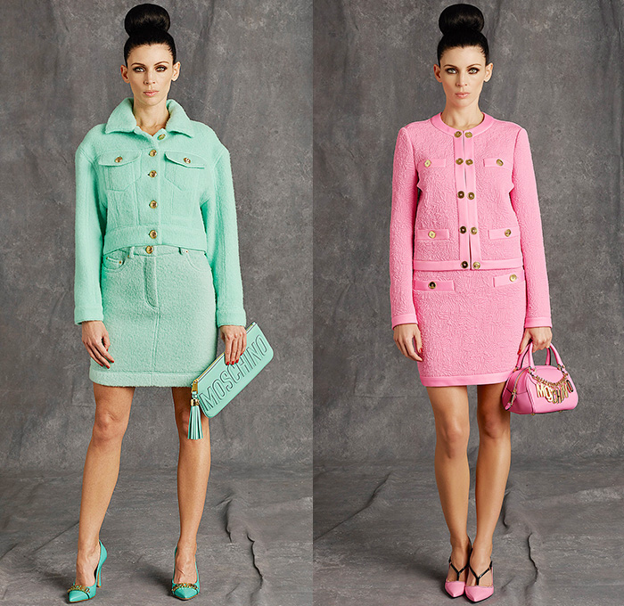 Moschino 2015 Pre Fall Autumn Womens Lookbook Presentation - Pop Art Dry Cleaning Washing Instructions Laundry Icons Tape Measure Coatdress Quilted Leather Bomber Sequins Furry Bag Receipt Hangers Outerwear Coat Measurements Ruler Numbers Sizes Bomberdress Dress Skirt Ribbon Shirtdress Blazer Stitches 3D Embellishments Tiny Hangers Scissor Dress Wrap Halter Top Silk Typography Chain Capelet Terry Cloth Luggage