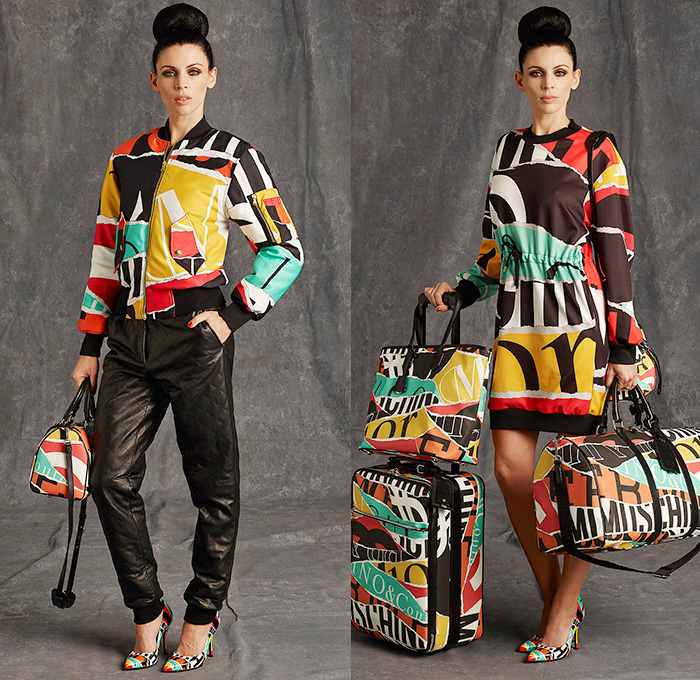 Moschino 2015 Pre Fall Autumn Womens Lookbook Presentation - Pop Art Dry Cleaning Washing Instructions Laundry Icons Tape Measure Coatdress Quilted Leather Bomber Sequins Furry Bag Receipt Hangers Outerwear Coat Measurements Ruler Numbers Sizes Bomberdress Dress Skirt Ribbon Shirtdress Blazer Stitches 3D Embellishments Tiny Hangers Scissor Dress Wrap Halter Top Silk Typography Chain Capelet Terry Cloth Luggage