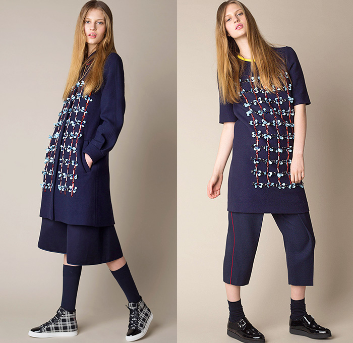 Mother of Pearl London 2015 Pre Fall Autumn Womens Lookbook Presentation - Petals Adornments Embroidery 3D Embellishments Coat Dress Wide Leg Palazzo Pants Trousers Tartan Plaid Lounge Sleepwear Stars Flowers Florals Botanical Stripes Bell Sleeves Shorts Cropped Pants Curved Hem Skirt Frock Ornamental Print Decorative Art Blouse Print Graphic Pattern Backpack Bejeweled Blazer Sneakers