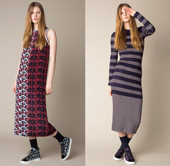 Mother of Pearl London 2015 Pre Fall Autumn Womens Lookbook Presentation - Petals Adornments Embroidery 3D Embellishments Coat Dress Wide Leg Palazzo Pants Trousers Tartan Plaid Lounge Sleepwear Stars Flowers Florals Botanical Stripes Bell Sleeves Shorts Cropped Pants Curved Hem Skirt Frock Ornamental Print Decorative Art Blouse Print Graphic Pattern Backpack Bejeweled Blazer Sneakers