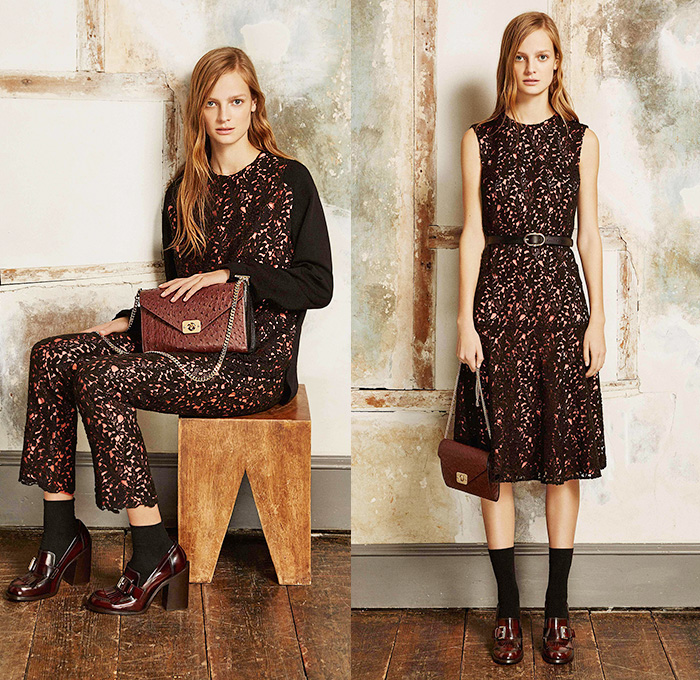 Mulberry 2015 Pre Fall Autumn Womens Lookbook Presentation - Pantsuit Turtleneck Culottes Knit Dress Accordion Pleats Embroidery Lace Foliage Georgian Country Houses Merino Outerwear Suit Wool Overcoat Furry Chunky Knit Multi-Panel Wide Leg Pants Trousers Loafers Robe Coat Belted Waist Cardigan Shearling Coatdress Low V-Neck Half Skirt Frock Fauna Leaves Foliage Botanical Houses