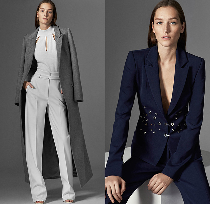 Mugler 2015 Pre Fall Autumn Womens Lookbook Presentation - Grommets Turtleneck Pantsuit Perforated Wide Leg Palazzo Pants Blazer Hooks Sleek Knit Biker Outerwear Coatdress Leather Extra Panel Lapel Dress Trench Coat Trousers Sleeveless Masculine White Ensemble Miniskirt Skirt Frock Chelsea Boots Asymmetrical Hem Sweater Jumper Blouse Motorcycle Sweaterdress Embroidery Sheer Chiffon Halter Top Gown