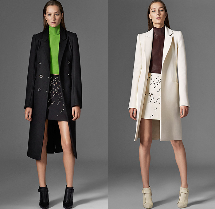 Mugler 2015 Pre Fall Autumn Womens Lookbook Presentation - Grommets Turtleneck Pantsuit Perforated Wide Leg Palazzo Pants Blazer Hooks Sleek Knit Biker Outerwear Coatdress Leather Extra Panel Lapel Dress Trench Coat Trousers Sleeveless Masculine White Ensemble Miniskirt Skirt Frock Chelsea Boots Asymmetrical Hem Sweater Jumper Blouse Motorcycle Sweaterdress Embroidery Sheer Chiffon Halter Top Gown