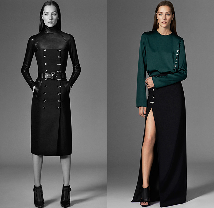 Mugler 2015 Pre Fall Autumn Womens Lookbook Presentation - Grommets Turtleneck Pantsuit Perforated Wide Leg Palazzo Pants Blazer Hooks Sleek Knit Biker Outerwear Coatdress Leather Extra Panel Lapel Dress Trench Coat Trousers Sleeveless Masculine White Ensemble Miniskirt Skirt Frock Chelsea Boots Asymmetrical Hem Sweater Jumper Blouse Motorcycle Sweaterdress Embroidery Sheer Chiffon Halter Top Gown