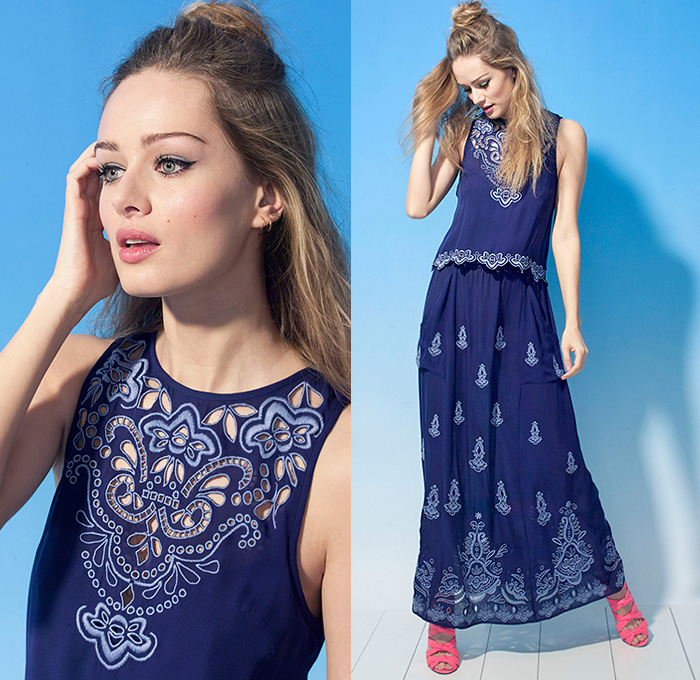 Nanette Lepore 2015 Pre Fall Autumn Womens Lookbook Presentation - Lace Shirtdress Tunic Wide Leg Palazzo Pants Knit Sweater Jumper Tie-Dye Beads Embroidery Cardigan Fringes Paisley Perforated 3D Cutout Ornamental Decorative Art Skirt Frock Low V-Neck Culottes Gauchos Embellishments Adornments Lace Up Flowers Florals Botanical Print Graphic Pattern Sweaterdress Jumperdress 