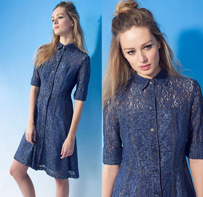 Nanette Lepore 2015 Pre Fall Autumn Womens Lookbook Presentation - Lace Shirtdress Tunic Wide Leg Palazzo Pants Knit Sweater Jumper Tie-Dye Beads Embroidery Cardigan Fringes Paisley Perforated 3D Cutout Ornamental Decorative Art Skirt Frock Low V-Neck Culottes Gauchos Embellishments Adornments Lace Up Flowers Florals Botanical Print Graphic Pattern Sweaterdress Jumperdress 