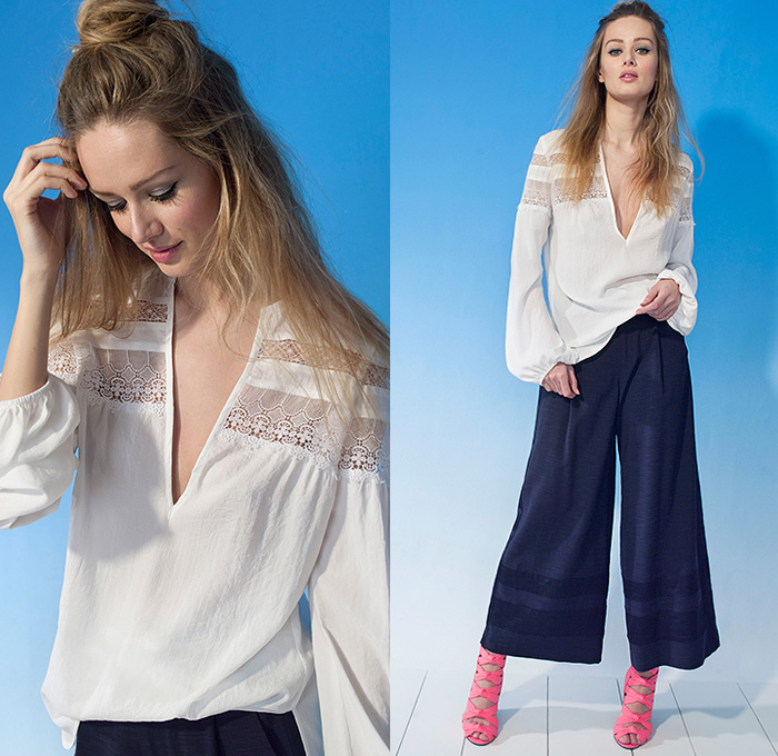 Nanette Lepore 2015 Pre Fall Autumn Womens Lookbook Presentation - Lace Shirtdress Tunic Wide Leg Palazzo Pants Knit Sweater Jumper Tie-Dye Beads Embroidery Cardigan Fringes Paisley Perforated 3D Cutout Ornamental Decorative Art Skirt Frock Low V-Neck Culottes Gauchos Embellishments Adornments Lace Up Flowers Florals Botanical Print Graphic Pattern Sweaterdress Jumperdress 