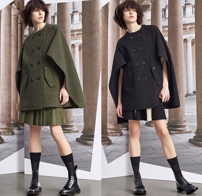 Neil Barrett 2015 Pre Fall Autumn Womens Lookbook Presentation - Cape Hanging Sleeve Cloak Accordion Pleats Culottes Cargo Pockets Military Boots Outerwear Wool Double Breasted Trench Coat Jogger Sweatpants Multi-Panel Slim Skinny Leggings Pants Trousers Sporty Stripes Midi Skirt Frock Knit Leather Handkerchief Hem Stars Sweater Jumper Dress