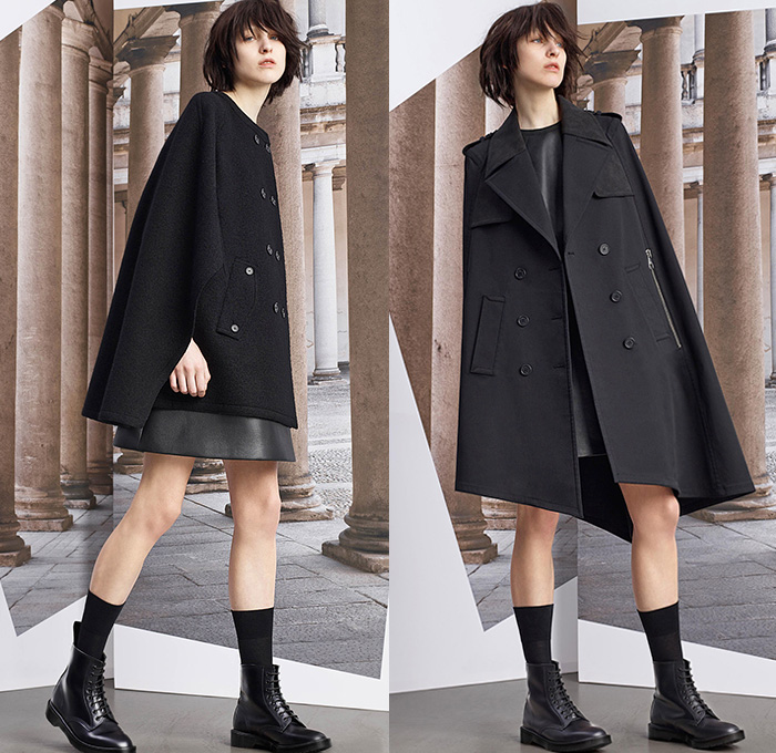 Neil Barrett 2015 Pre Fall Autumn Womens Lookbook Presentation - Cape Hanging Sleeve Cloak Accordion Pleats Culottes Cargo Pockets Military Boots Outerwear Wool Double Breasted Trench Coat Jogger Sweatpants Multi-Panel Slim Skinny Leggings Pants Trousers Sporty Stripes Midi Skirt Frock Knit Leather Handkerchief Hem Stars Sweater Jumper Dress