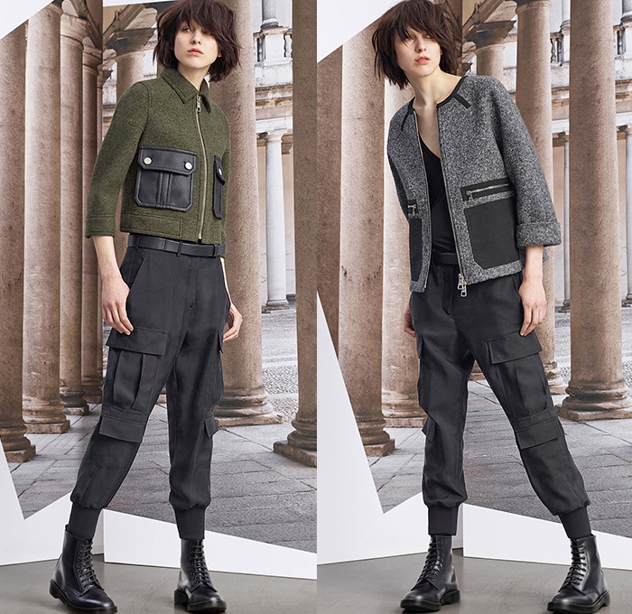 Neil Barrett 2015 Pre Fall Autumn Womens Lookbook Presentation - Cape Hanging Sleeve Cloak Accordion Pleats Culottes Cargo Pockets Military Boots Outerwear Wool Double Breasted Trench Coat Jogger Sweatpants Multi-Panel Slim Skinny Leggings Pants Trousers Sporty Stripes Midi Skirt Frock Knit Leather Handkerchief Hem Stars Sweater Jumper Dress