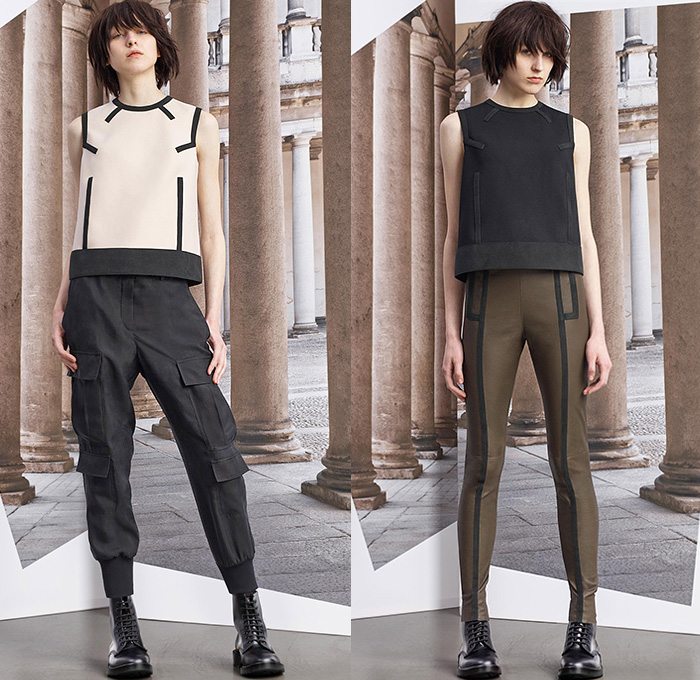 Neil Barrett 2015 Pre Fall Autumn Womens Lookbook Presentation - Cape Hanging Sleeve Cloak Accordion Pleats Culottes Cargo Pockets Military Boots Outerwear Wool Double Breasted Trench Coat Jogger Sweatpants Multi-Panel Slim Skinny Leggings Pants Trousers Sporty Stripes Midi Skirt Frock Knit Leather Handkerchief Hem Stars Sweater Jumper Dress