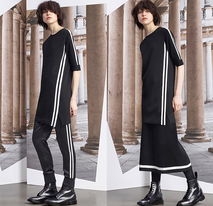 Neil Barrett 2015 Pre Fall Autumn Womens Lookbook Presentation - Cape Hanging Sleeve Cloak Accordion Pleats Culottes Cargo Pockets Military Boots Outerwear Wool Double Breasted Trench Coat Jogger Sweatpants Multi-Panel Slim Skinny Leggings Pants Trousers Sporty Stripes Midi Skirt Frock Knit Leather Handkerchief Hem Stars Sweater Jumper Dress