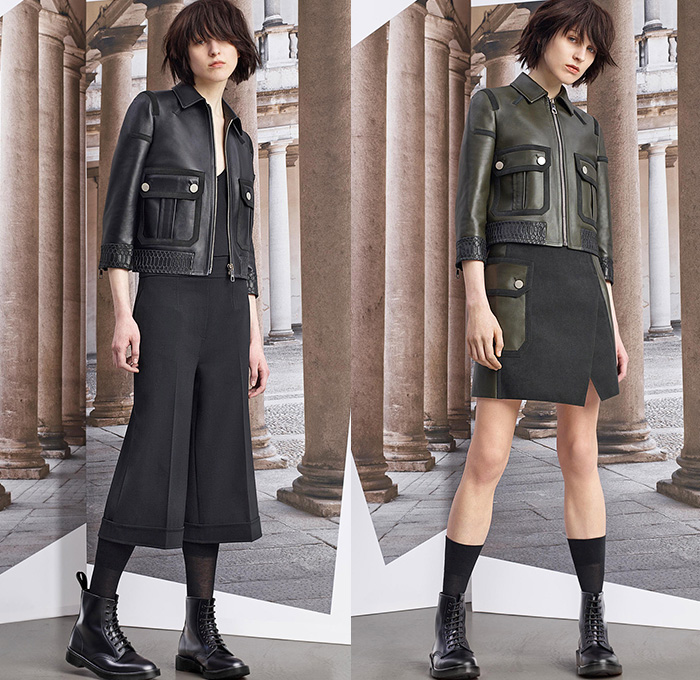 Neil Barrett 2015 Pre Fall Autumn Womens Lookbook Presentation - Cape Hanging Sleeve Cloak Accordion Pleats Culottes Cargo Pockets Military Boots Outerwear Wool Double Breasted Trench Coat Jogger Sweatpants Multi-Panel Slim Skinny Leggings Pants Trousers Sporty Stripes Midi Skirt Frock Knit Leather Handkerchief Hem Stars Sweater Jumper Dress