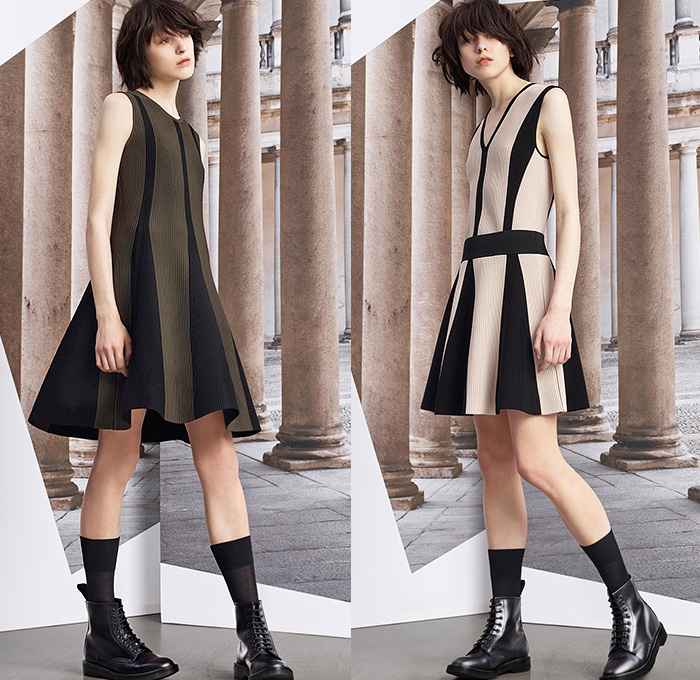 Neil Barrett 2015 Pre Fall Autumn Womens Lookbook Presentation - Cape Hanging Sleeve Cloak Accordion Pleats Culottes Cargo Pockets Military Boots Outerwear Wool Double Breasted Trench Coat Jogger Sweatpants Multi-Panel Slim Skinny Leggings Pants Trousers Sporty Stripes Midi Skirt Frock Knit Leather Handkerchief Hem Stars Sweater Jumper Dress