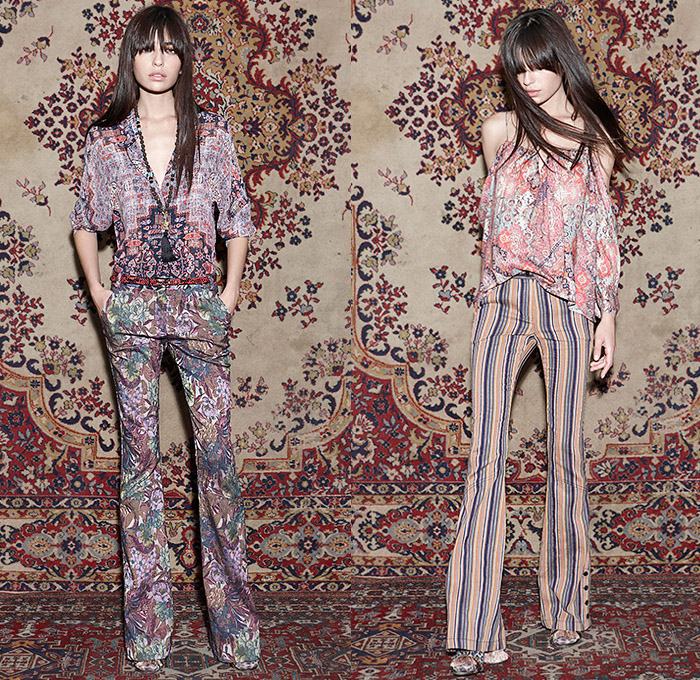 Nicole Miller 2015 Pre Fall Autumn Womens Lookbook Presentation - Carpet Tapestry Prints Boho Flare Flowers Stripes Fringes Knit Ornamental Maxi Dress Bohemian Ornamental Print Decorative Art 1970s Seventies Rock Hippie Bohemian Florals Botanical Graphic Pattern Noodle Spaghetti Strap Skinny Slim Leggings Leopard Leather Mesh Outerwear Coat Metallic Sweater Jumper Pencil Skirt Sleeveless Tunic