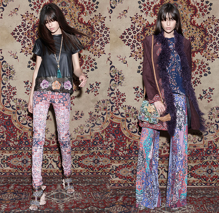 Nicole Miller 2015 Pre Fall Autumn Womens Lookbook Presentation - Carpet Tapestry Prints Boho Flare Flowers Stripes Fringes Knit Ornamental Maxi Dress Bohemian Ornamental Print Decorative Art 1970s Seventies Rock Hippie Bohemian Florals Botanical Graphic Pattern Noodle Spaghetti Strap Skinny Slim Leggings Leopard Leather Mesh Outerwear Coat Metallic Sweater Jumper Pencil Skirt Sleeveless Tunic