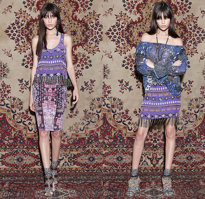 Nicole Miller 2015 Pre Fall Autumn Womens Lookbook Presentation - Carpet Tapestry Prints Boho Flare Flowers Stripes Fringes Knit Ornamental Maxi Dress Bohemian Ornamental Print Decorative Art 1970s Seventies Rock Hippie Bohemian Florals Botanical Graphic Pattern Noodle Spaghetti Strap Skinny Slim Leggings Leopard Leather Mesh Outerwear Coat Metallic Sweater Jumper Pencil Skirt Sleeveless Tunic