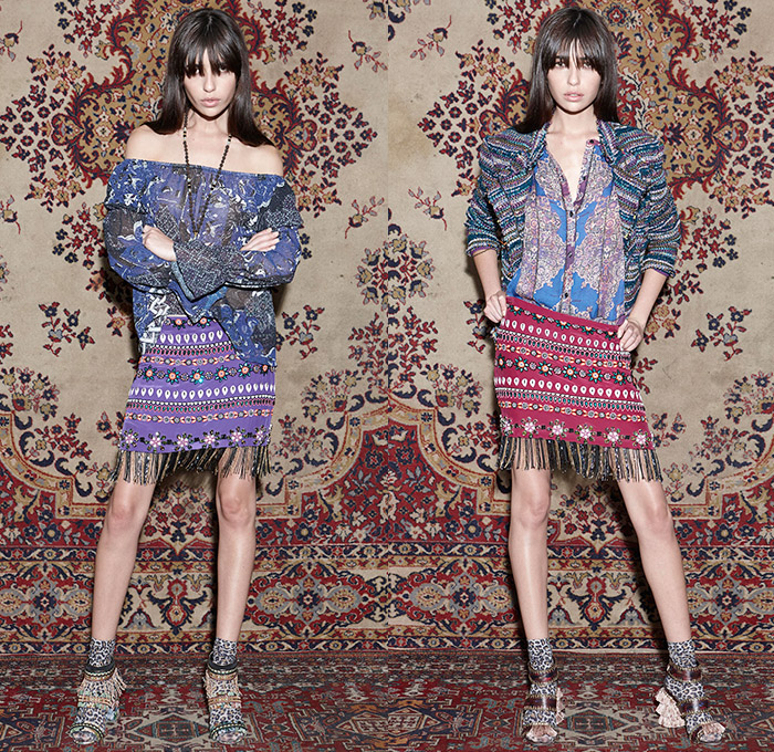 Nicole Miller 2015 Pre Fall Autumn Womens Lookbook Presentation - Carpet Tapestry Prints Boho Flare Flowers Stripes Fringes Knit Ornamental Maxi Dress Bohemian Ornamental Print Decorative Art 1970s Seventies Rock Hippie Bohemian Florals Botanical Graphic Pattern Noodle Spaghetti Strap Skinny Slim Leggings Leopard Leather Mesh Outerwear Coat Metallic Sweater Jumper Pencil Skirt Sleeveless Tunic